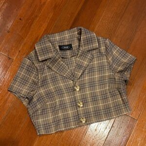 Cider Plaid Cropped Button-Up Shirt - Tan/Navy